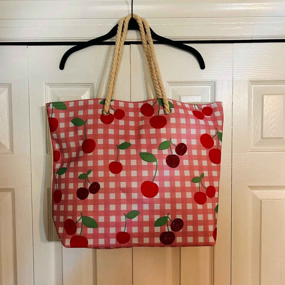Cherry print tote with rope handles never used.